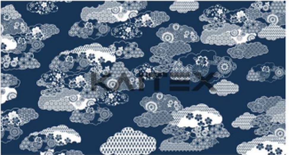Detail kain motif awan putih di atas kain dasar navy indigo