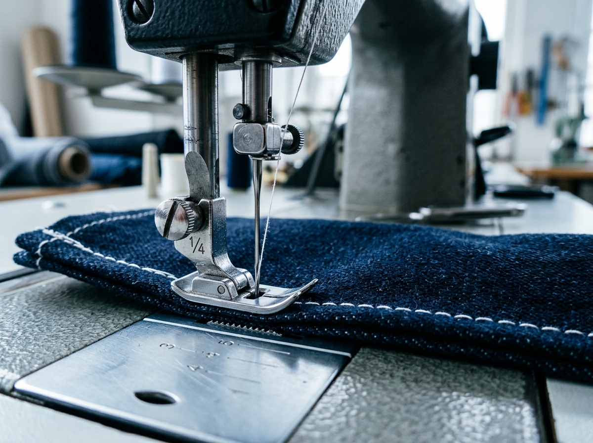 Presisi mesin jahit industri menjahit kain denim navy tebal